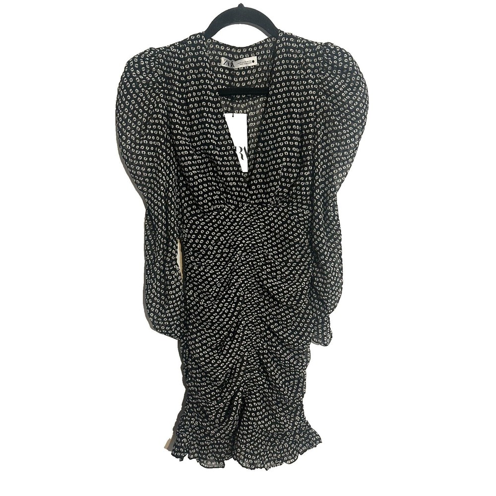 ZARA Black Dot Draped Ruched Puff Long Sleeve Mini Dress NWT Sz XS